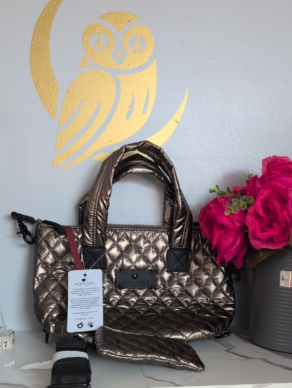 HeartLove Quilted Metallic Bronze Women’s Handbag - Lightweight Satchel